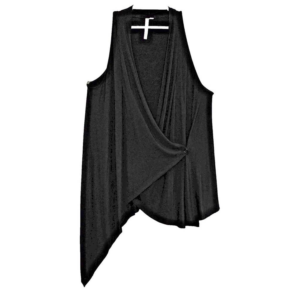 Comfy USA Cardigan Vest Womens Sz Large Black V-Neck Knit Asymmetrical Hem Modal